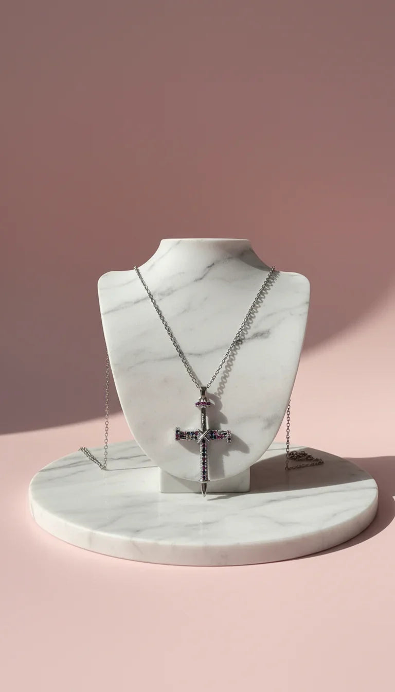 Waterproof Stainless Steel Rainbow Crystal Cross Necklace