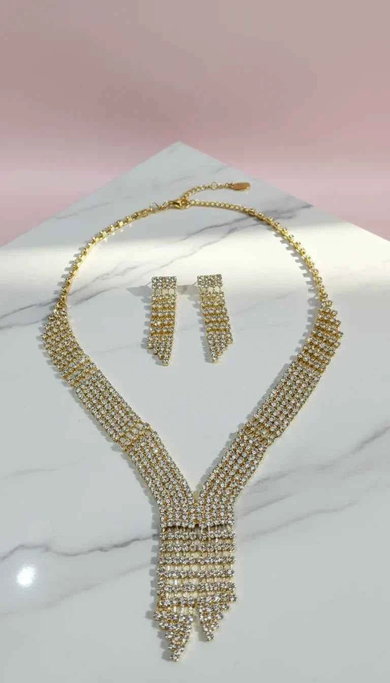 Crystal V Fringe Statement Necklace & Earrings Set