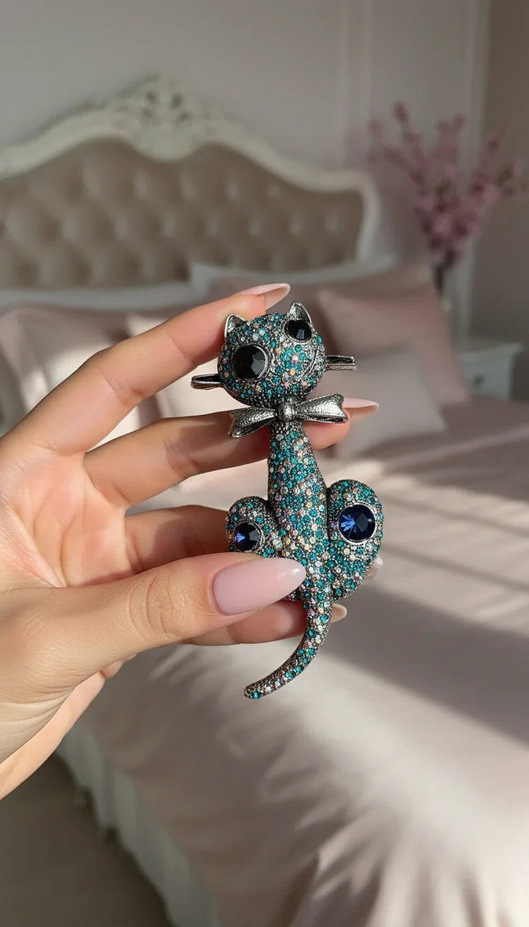 Crystal Cat With Bow Tie Brooch Pin