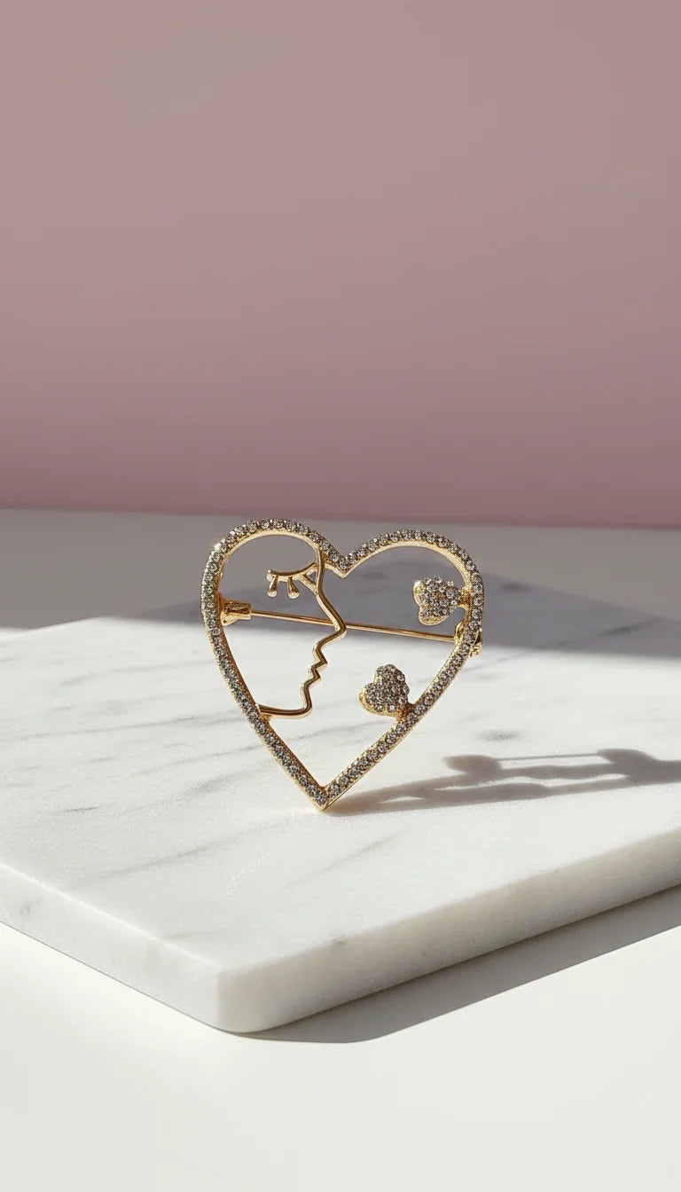 Profile & Open Heart Crystal Brooch