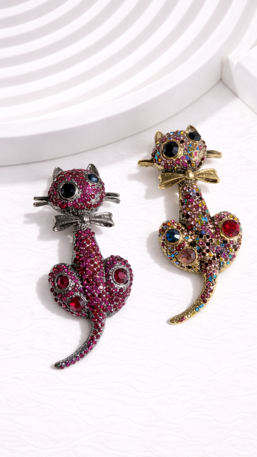 Crystal Cat With Bow Tie Brooch Pin