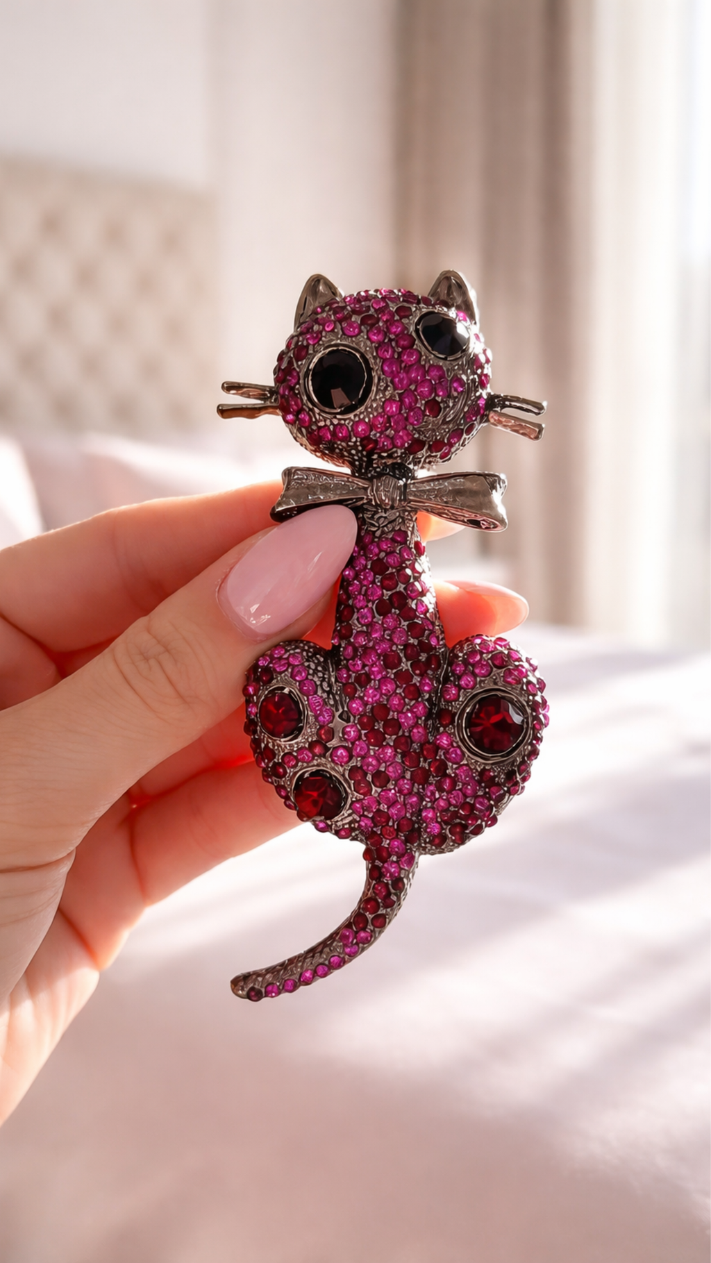 Crystal Cat With Bow Tie Brooch Pin