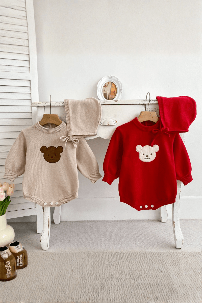 Winter Bear Knitted Bodysuit Red or Beige