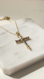 Waterproof Stainless Steel Rainbow Crystal Cross Necklace