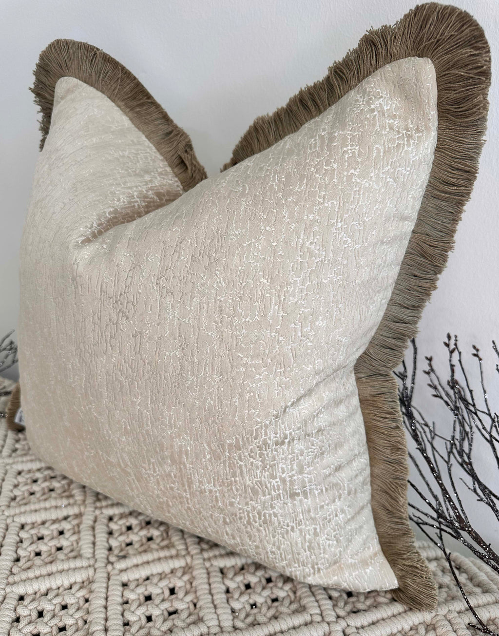 The Couture Cushion - The Cream Chalayan Fringed In Bisque - Style No. 98