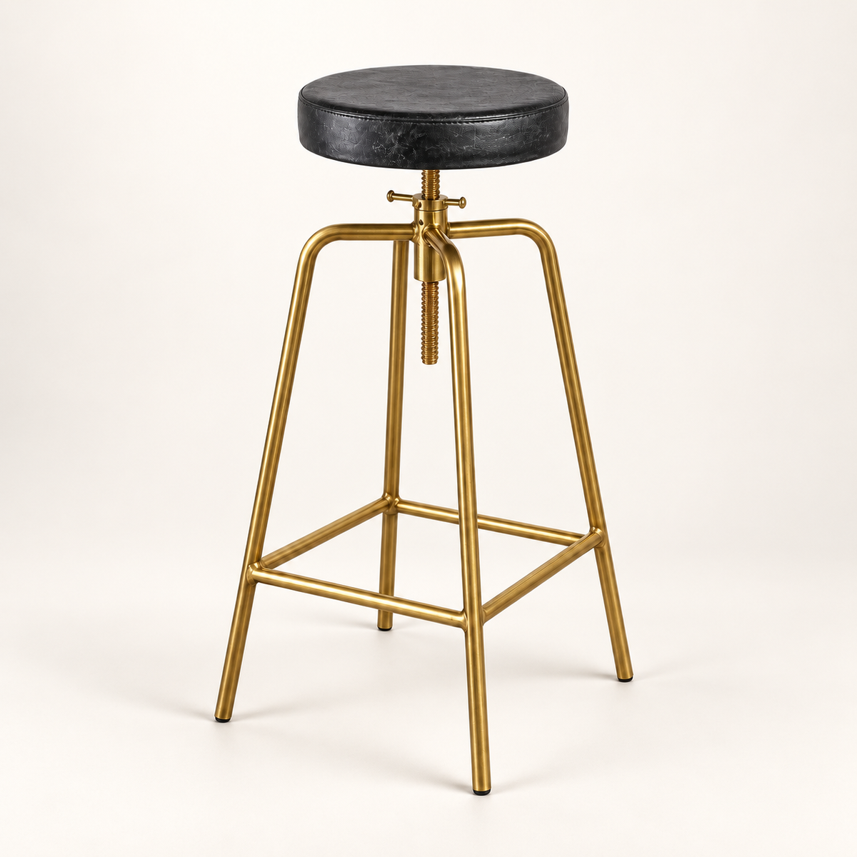 Antique Brass & Black Leather Adjustable Bar Stool