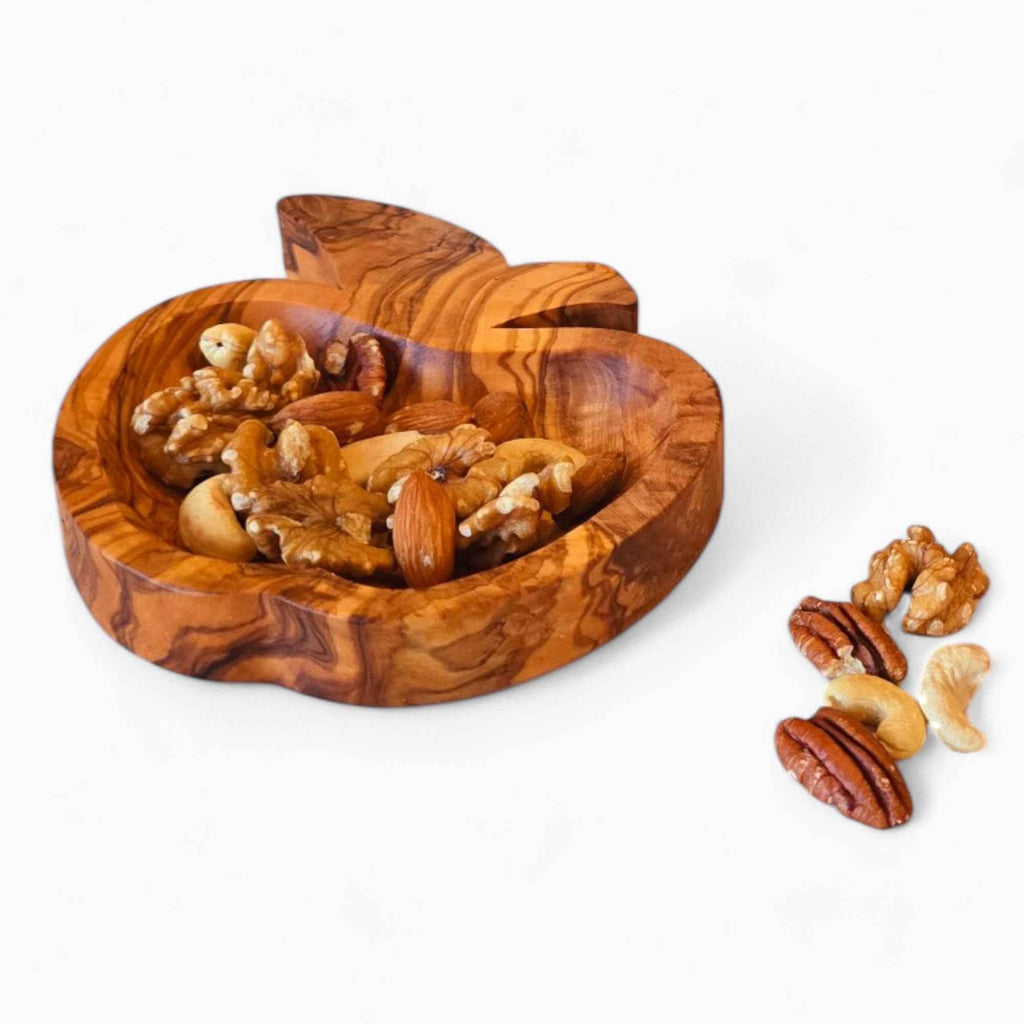 Handmade Olive Wood Apple-Shaped Snack Bowl - 14cm Decorative Serving Dish