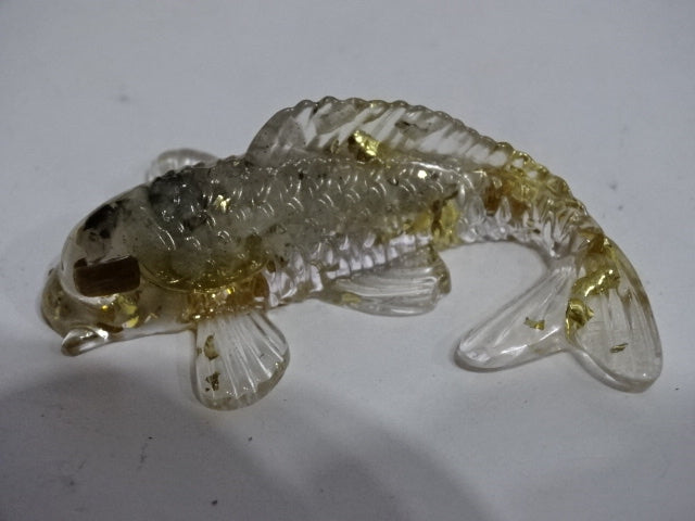 Lucky Resin Koi with Gold Leaf, Copper Coin and Filled with White Quartz Chips