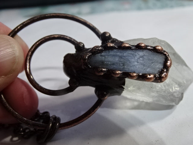 'Dark Spirit' Large Statement Clear Quartz Point And Blue Kyanite Copper Chained Necklace