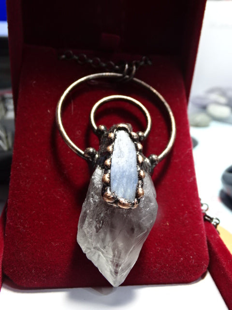 'Dark Spirit' Large Statement Clear Quartz Point And Blue Kyanite Copper Chained Necklace