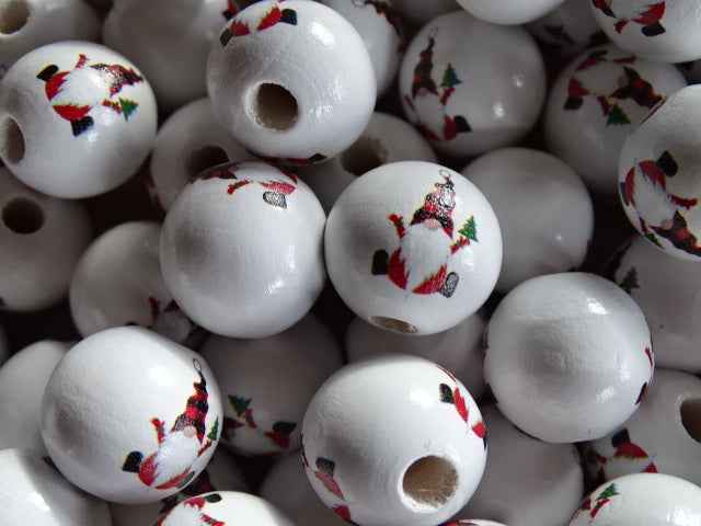 Chunky 'Santa'  Painted Natural Wood Beads 16mm x 15mm