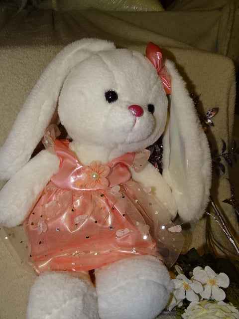 White Fluffy Plush Soft Toy Lop Eared Bunny in Dress    Approx 50cm Tall