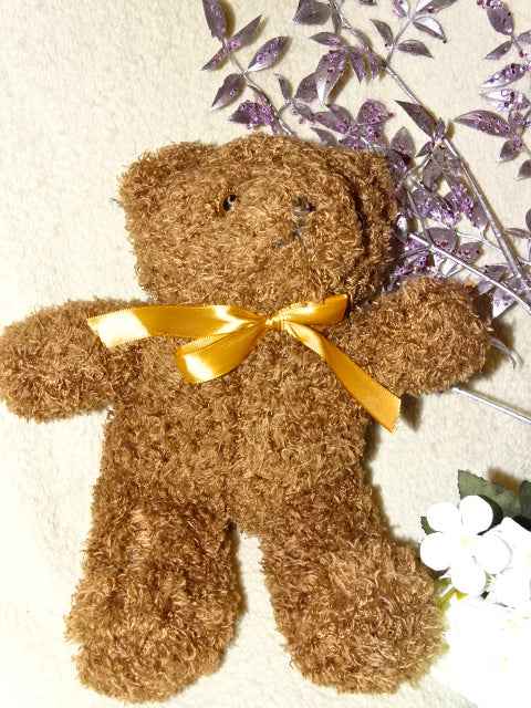 Cute Curly Plush Brown Bear with Bow.   Approx 24cm Tall