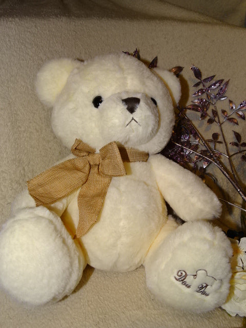 Super Soft Plush Soft Toy Bear with Jute Effect Bow   Approx 30cm Tall x 17cm Wide