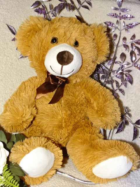 Mid Brown Cute Long Pile Plush Teddy Bear with Brown Bow    30cm(approx)