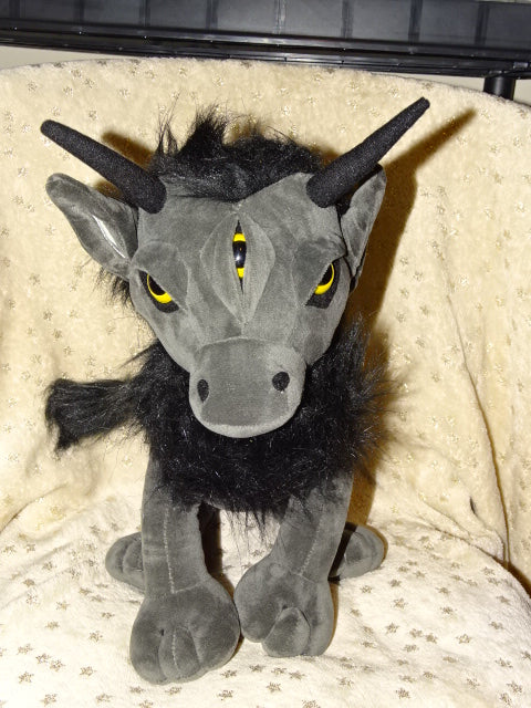 'Large Silver Grey and Black Dark Theme  3 Eyed Bull '  Velvet Feel Plush Toy