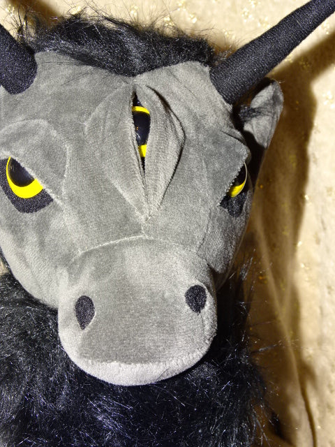 'Large Silver Grey and Black Dark Theme  3 Eyed Bull '  Velvet Feel Plush Toy