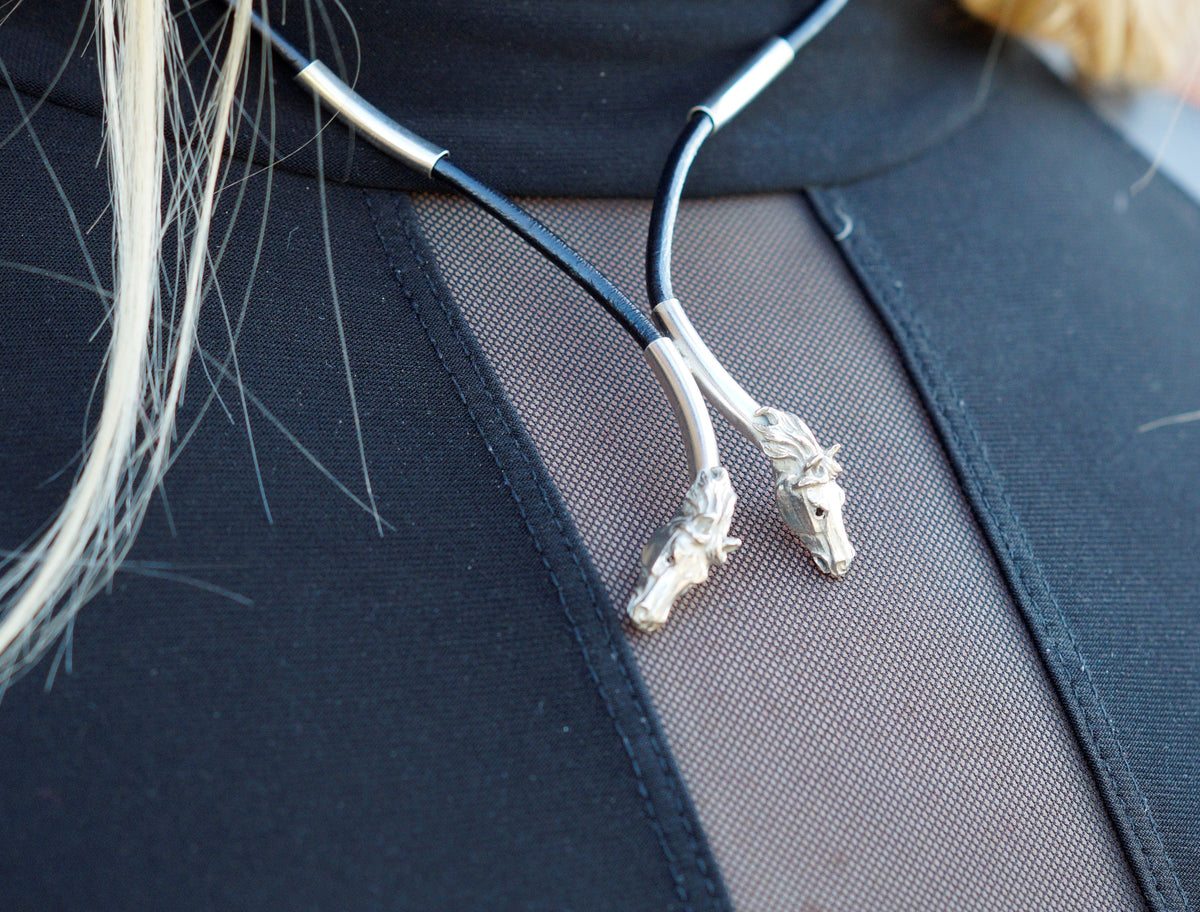 Silver Steed Two Horse Heads with Leather Cord Necklace