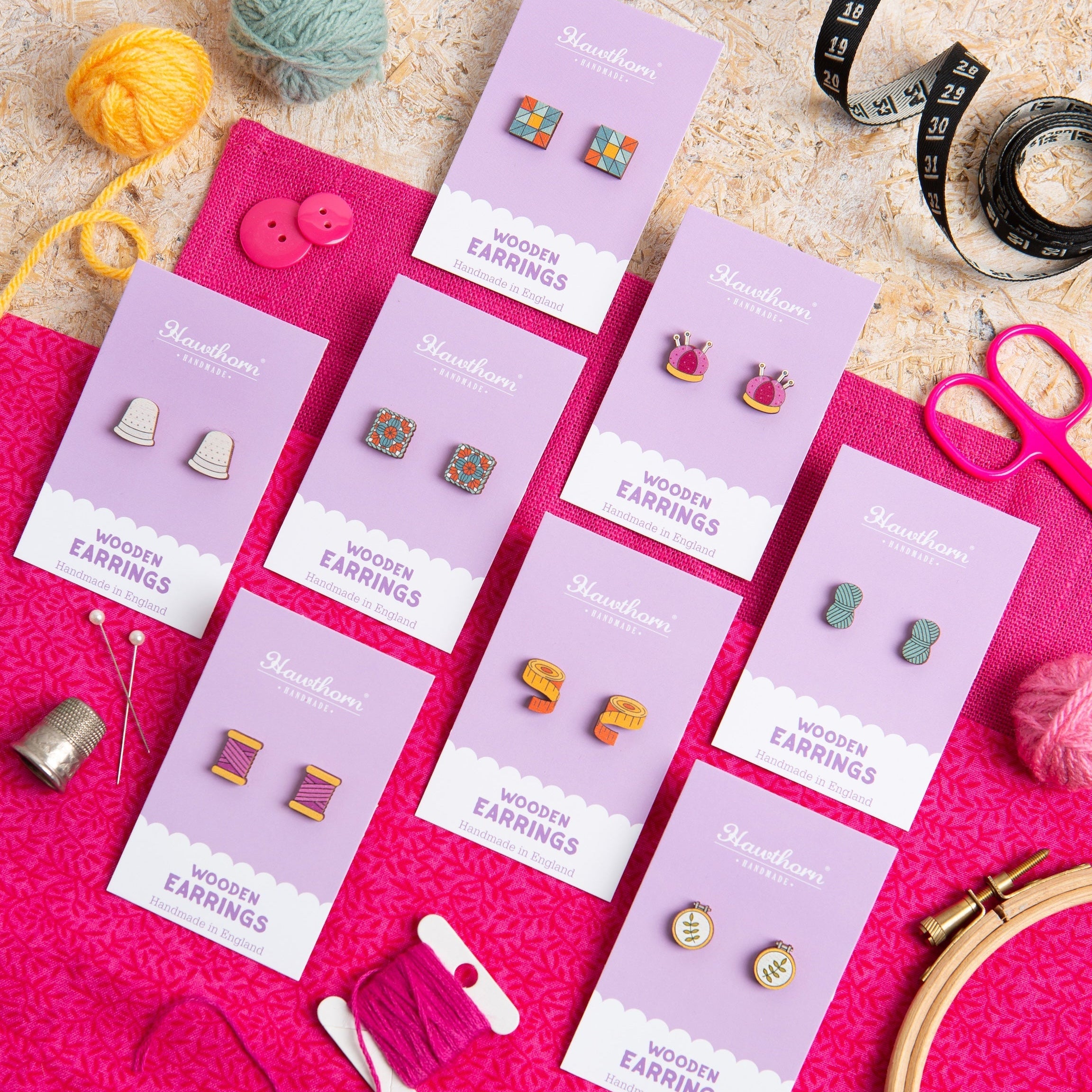 Pincushion Wooden Earrings  - Sewing Gift