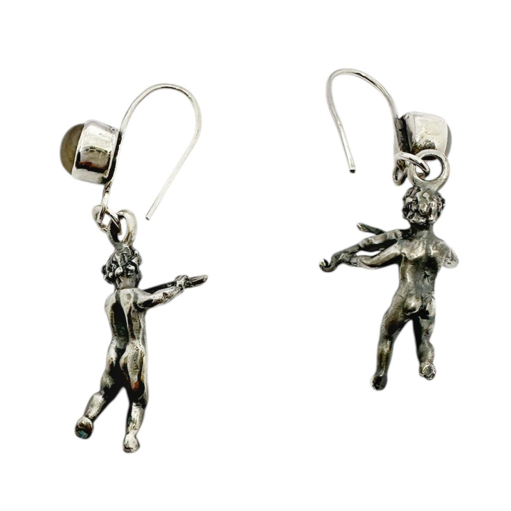 Violin & Flute Cherub Earrings with Cat's Eye Gemstones – One of a Kind – Handmade Sterling Silver 925