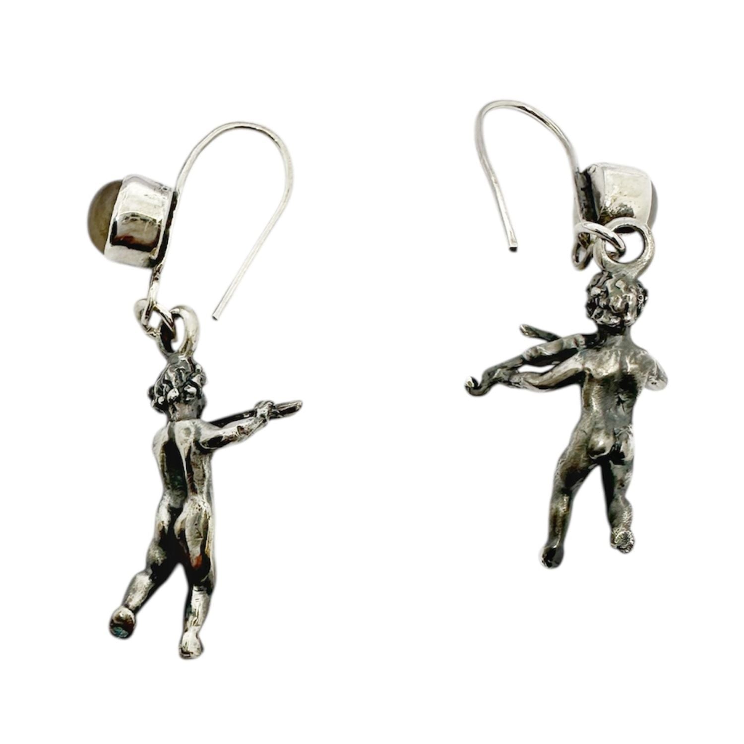 Violin & Flute Cherub Earrings with Cat's Eye Gemstones – One of a Kind – Handmade Sterling Silver 925