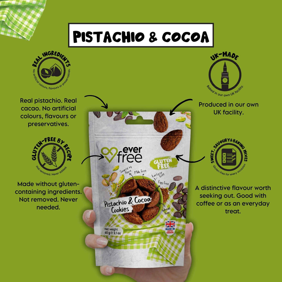 EverFree Pistachio and Cocoa Gluten-Free Cookies - 90g | Pack of 3