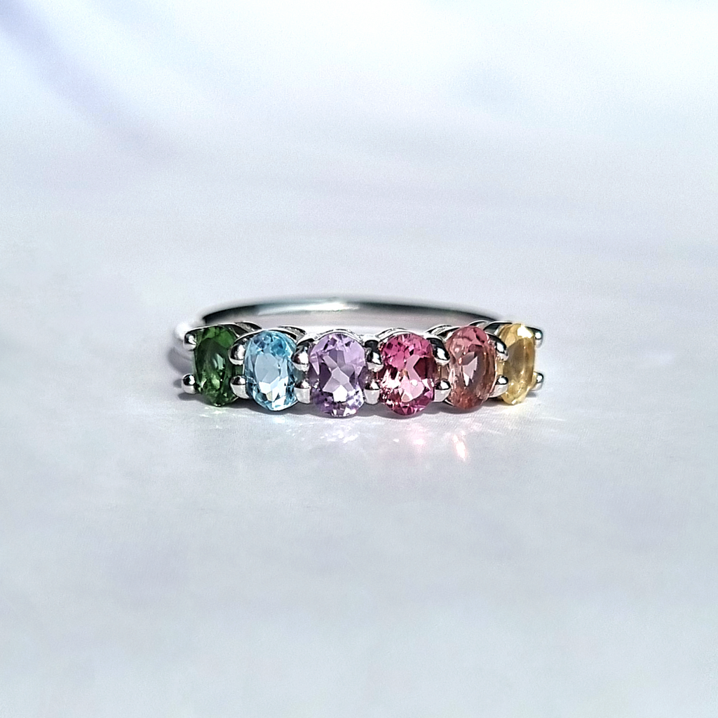 Rainbow Multicoloured Gemstone Half Eternity Ring in Sterling Silver
