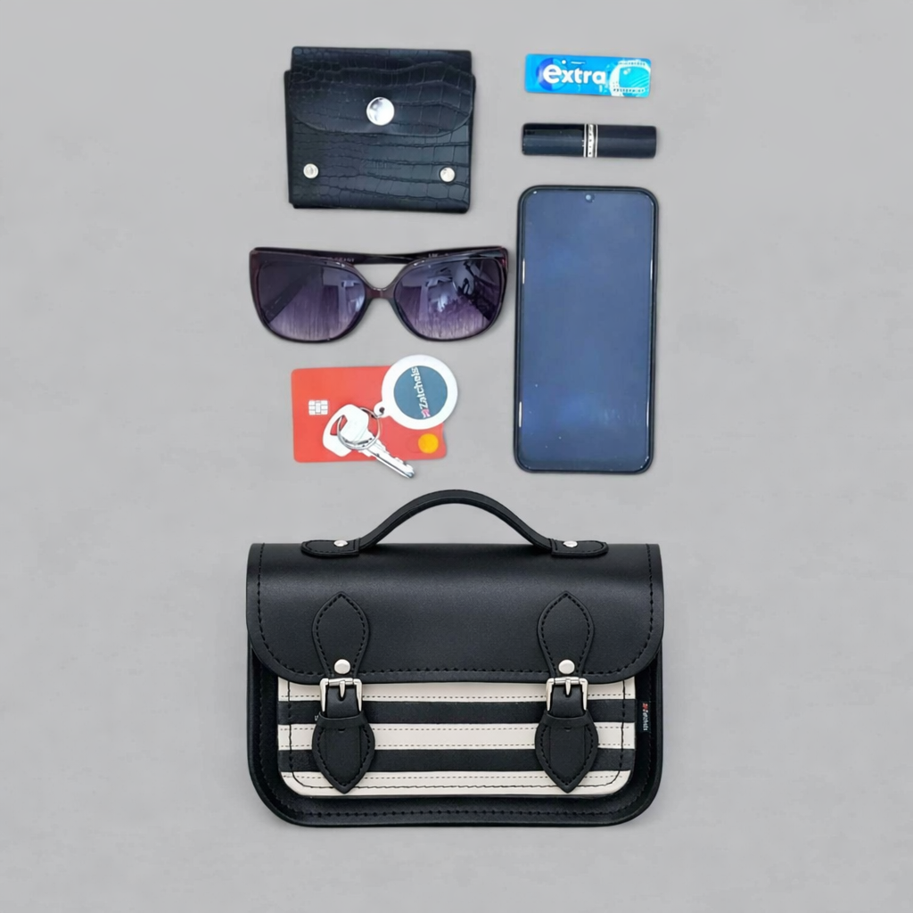 Leather Midi Satchel - Gothic Striped White & Black
