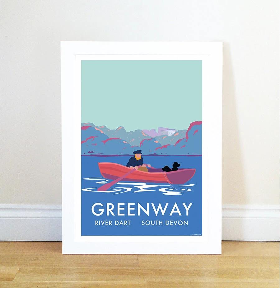 River Dart Print - Vintage Greenway Travel Poster Devon by BeckyBettesworth (greenway-river-dart-fishing-boat)