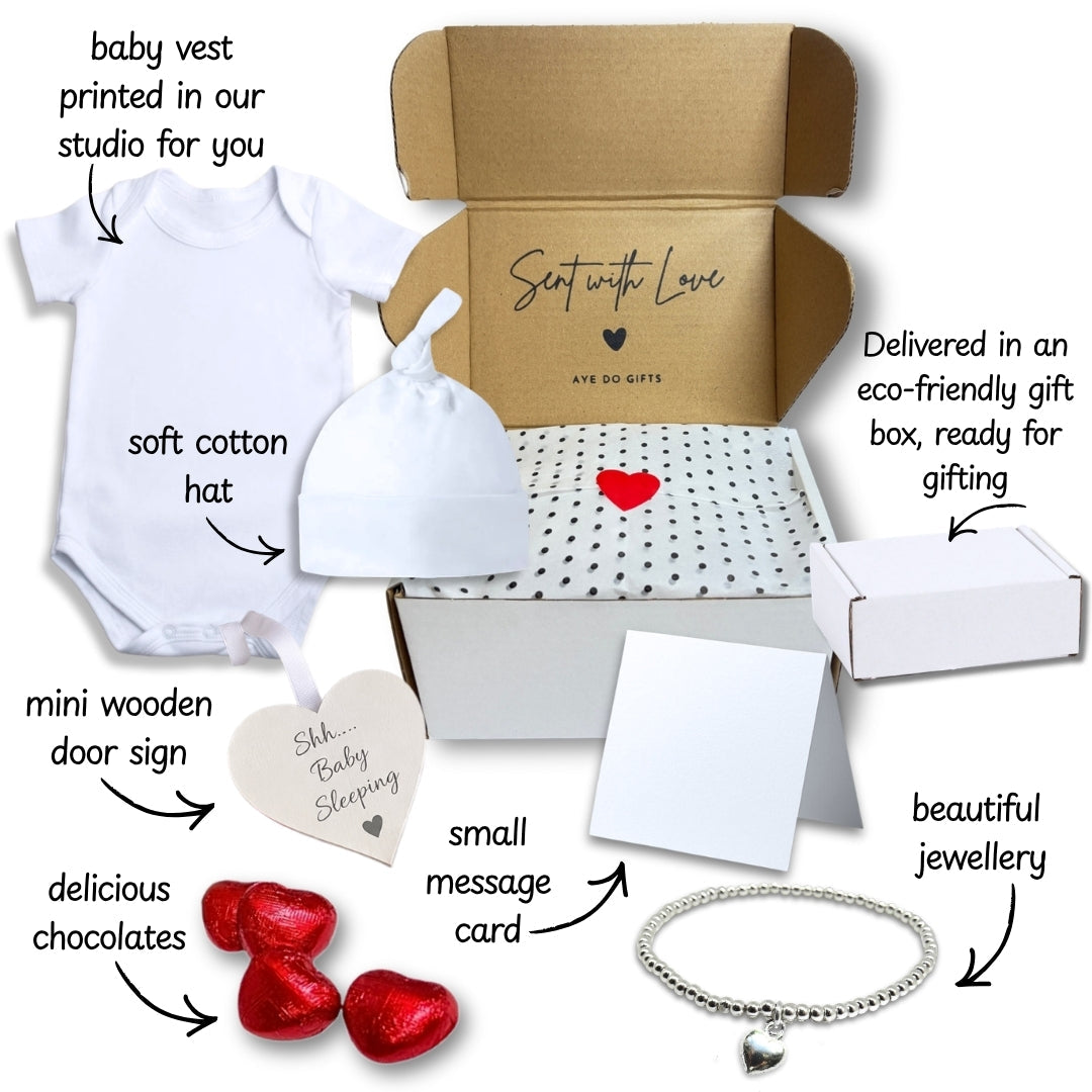 Personalised Surname Heart Baby Gift Hamper - Vest, Hat, Bracelet, Wooden Sign & Chocolates
