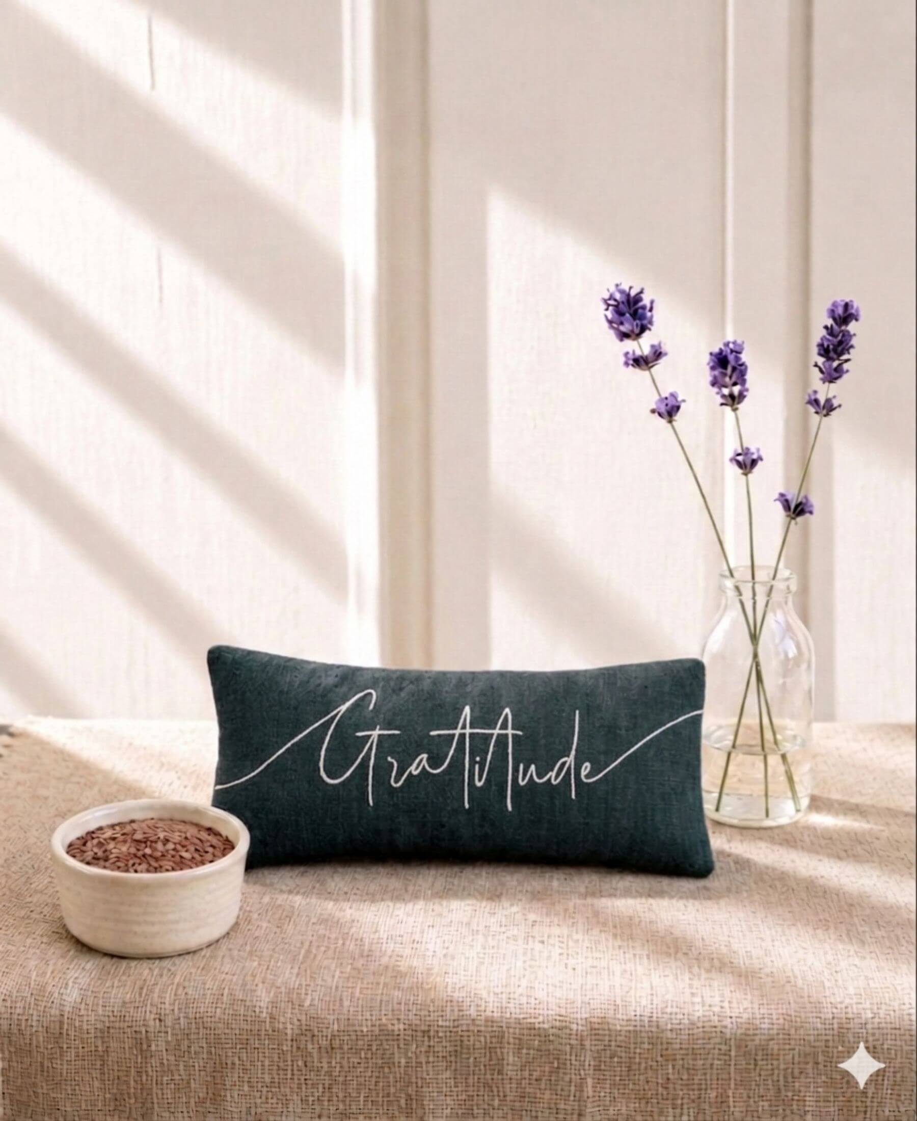 Gratitude Embroidered Linen and Lavender Eye Pillow