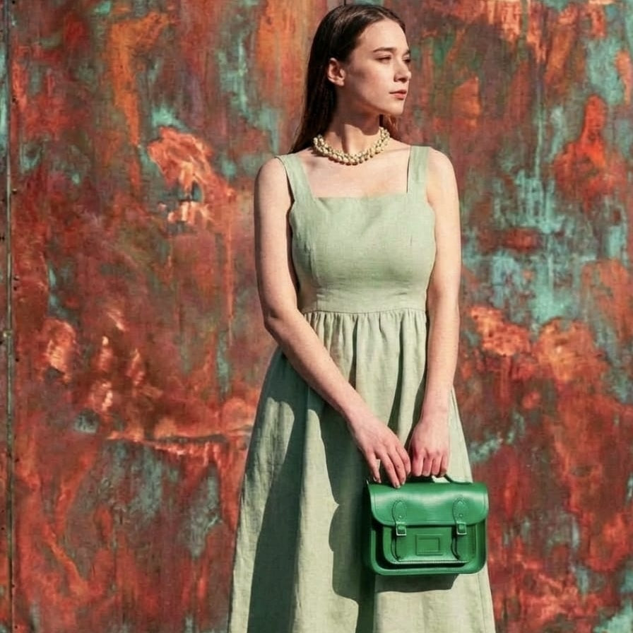 Leather Midi Satchel - Green
