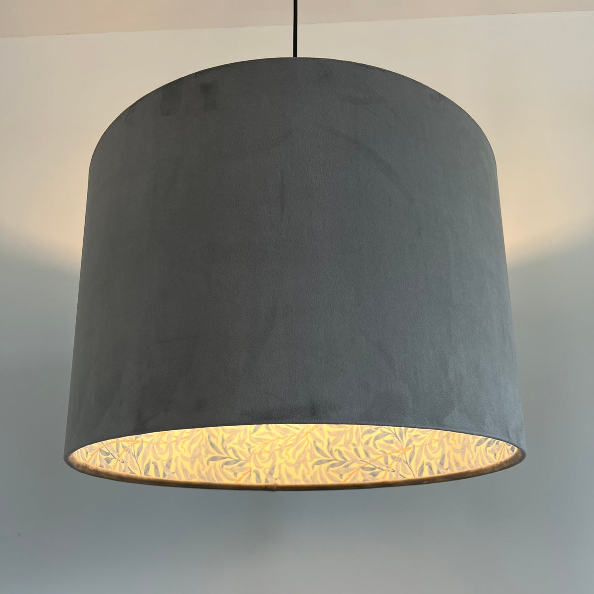 Grey Velvet & William Morris Blue Willow Leaves Double Sided Drum Lampshade | Handmade Ceiling Light Shade | Bespoke UK