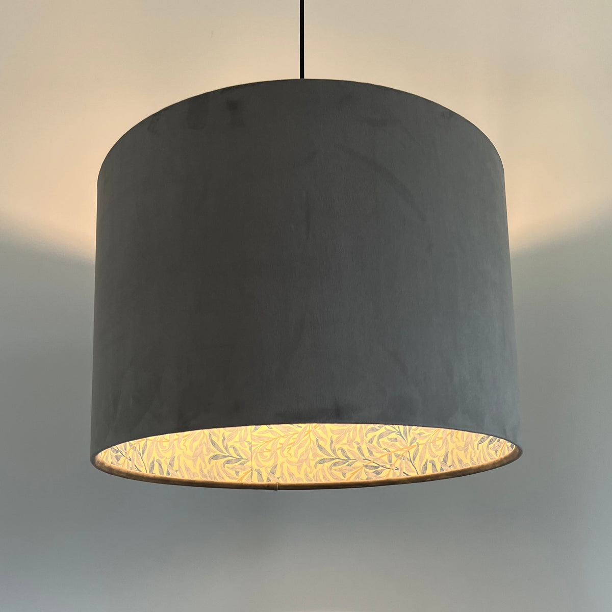 Grey Velvet & William Morris Blue Willow Leaves Double Sided Drum Lampshade | Handmade Ceiling Light Shade | Bespoke UK