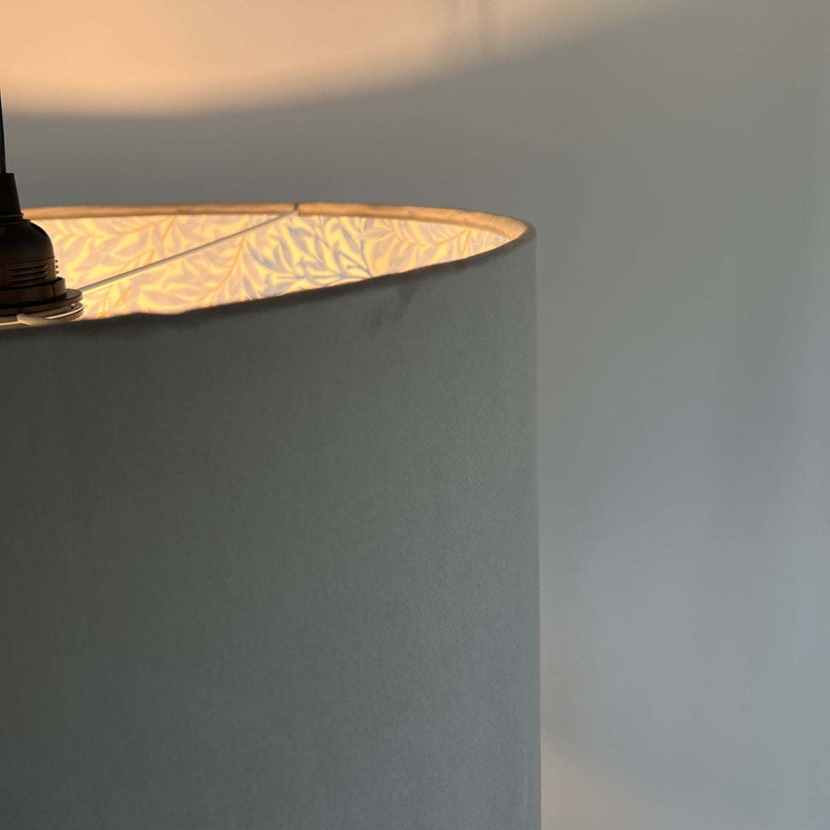 Grey Velvet & William Morris Blue Willow Leaves Double Sided Drum Lampshade | Handmade Ceiling Light Shade | Bespoke UK