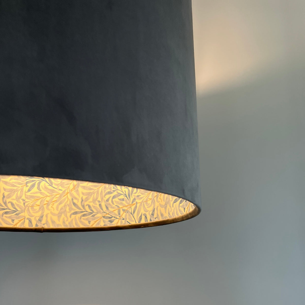 Grey Velvet & William Morris Blue Willow Leaves Double Sided Drum Lampshade | Handmade Ceiling Light Shade | Bespoke UK