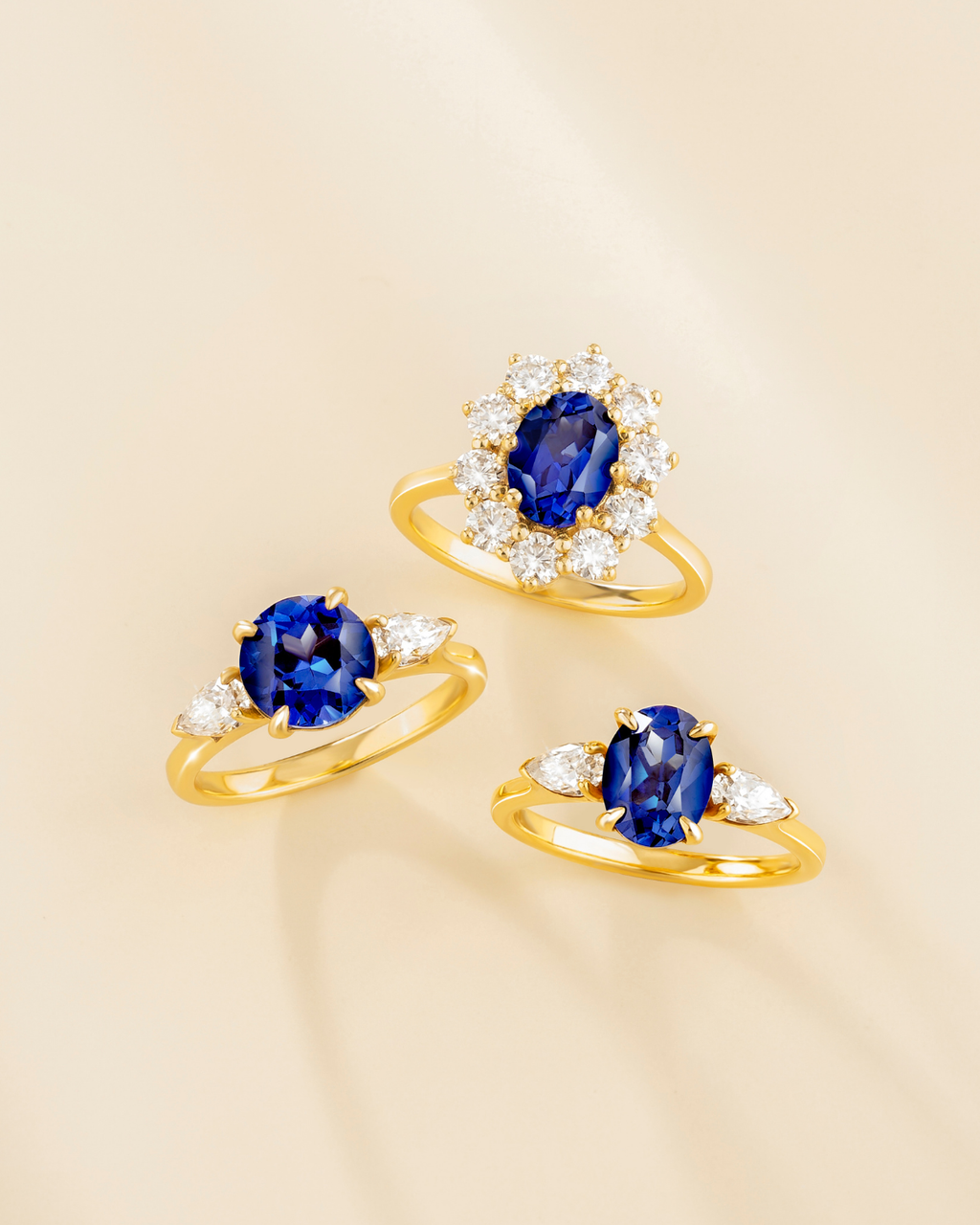 Blue Sapphire Round Cut Three Stone Engagement Ring in 18k Gold Vermeil