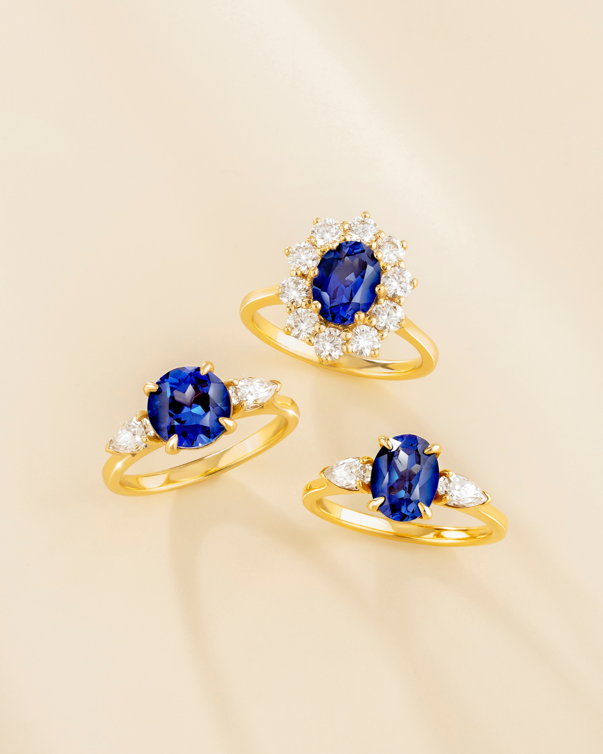 Blue Sapphire Round Cut Three Stone Engagement Ring in 18k Gold Vermeil