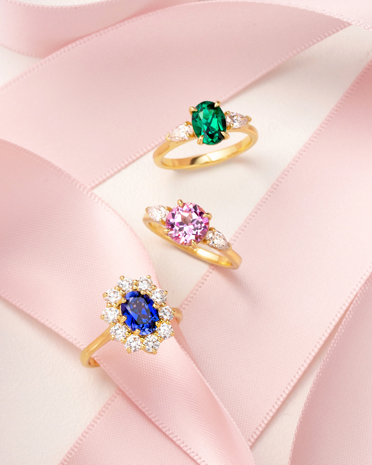 Emerald Oval Cut Three Stone Engagement Ring in 18k Gold Vermeil
