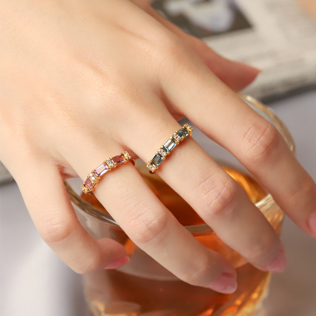 London Blue Topaz Emerald Cut Eternity Ring in 18k Gold Vermeil