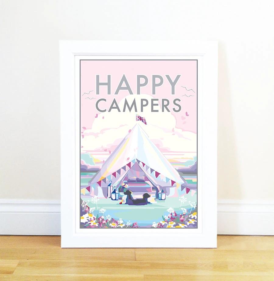 Vintage Travel Poster – Happy Campers Pink Palette Print by BeckyBettesworth (happy-campers)