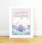 Vintage Travel Poster – Happy Campers Pink Palette Print by BeckyBettesworth (happy-campers)
