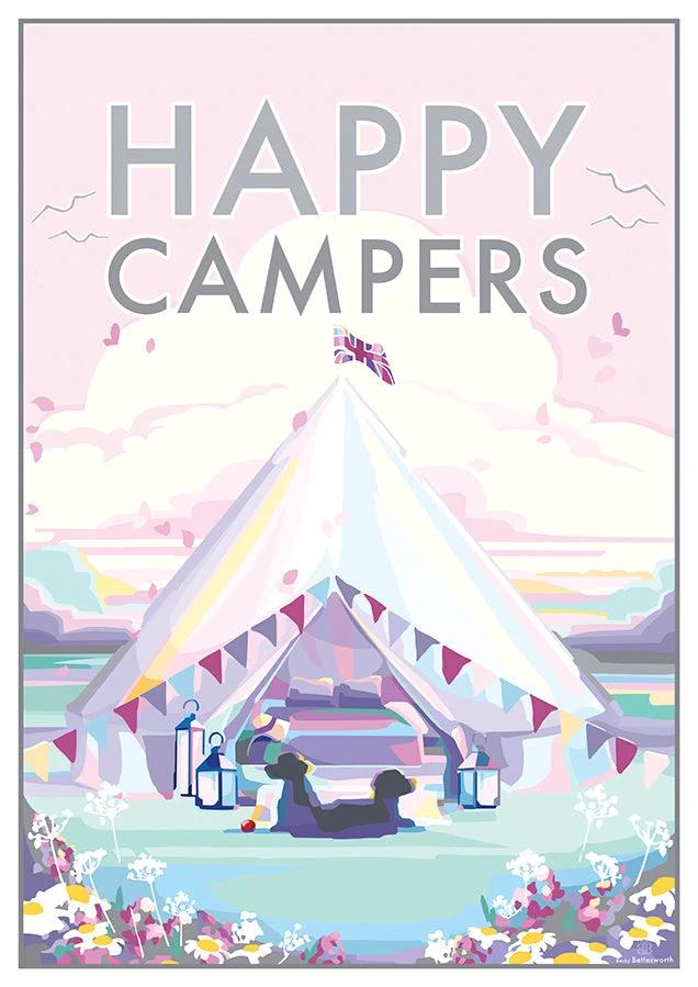 Vintage Travel Poster – Happy Campers Pink Palette Print by BeckyBettesworth (happy-campers)