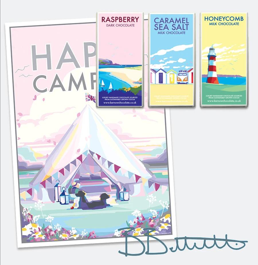Vintage Travel Poster – Happy Campers Pink Palette Print by BeckyBettesworth (happy-campers)