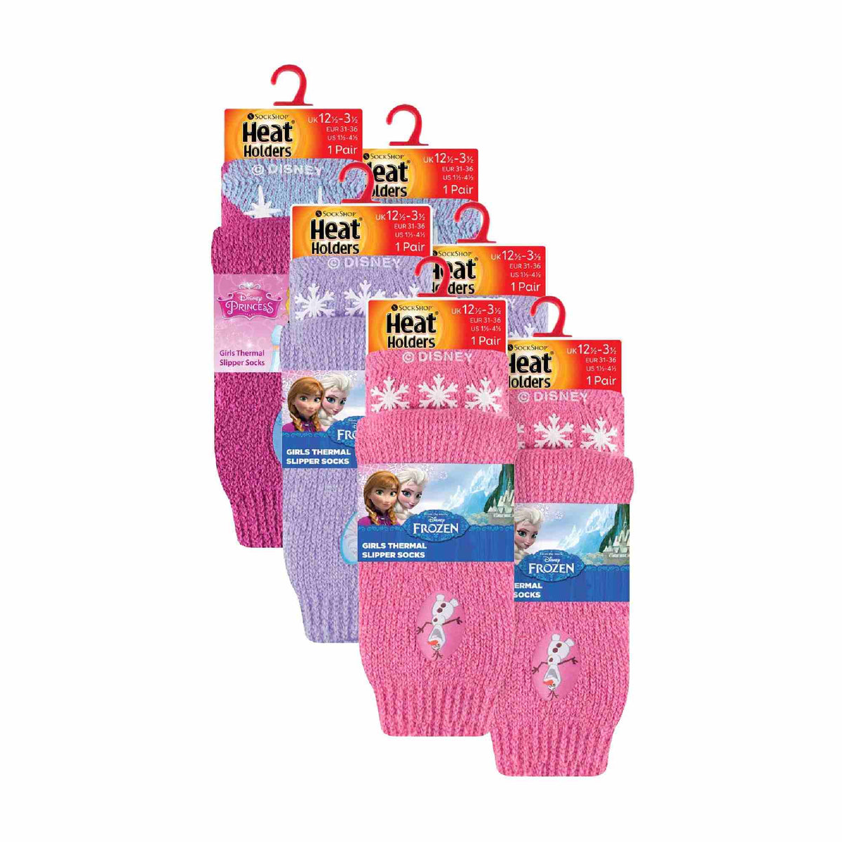 6 Pack Girls Non Slip Character Socks with Frozen Olaf and Princess Designs