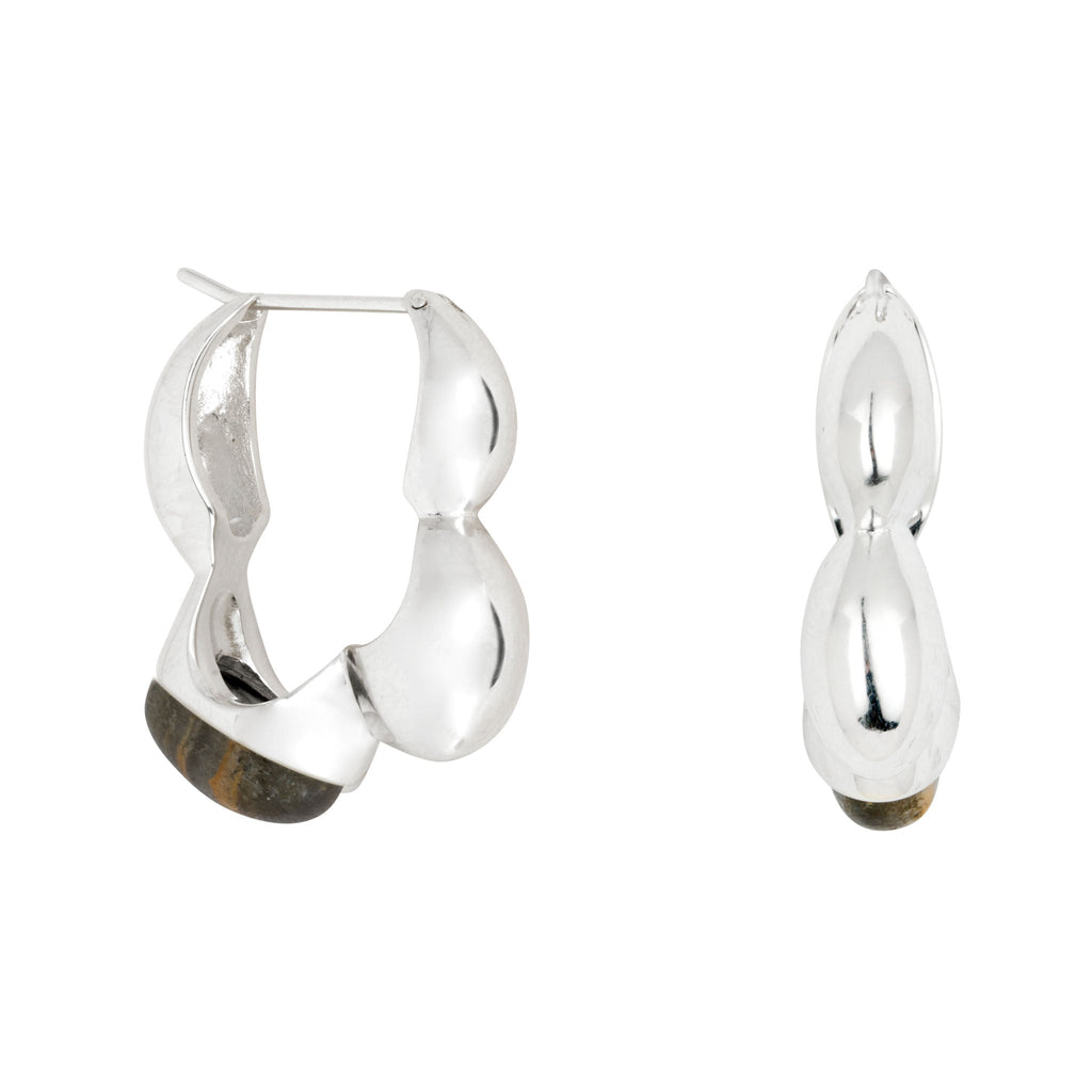 Gaia Link Sculptural Grey Jasper Statement Hoops Silver