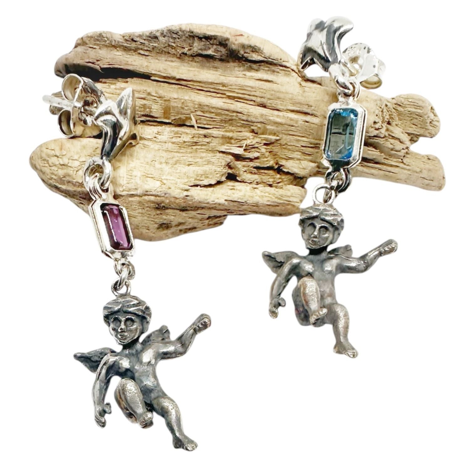 Cherub Drop Earrings with Amethyst & Aquamarine – One of a Kind – Handmade Sterling Silver 925