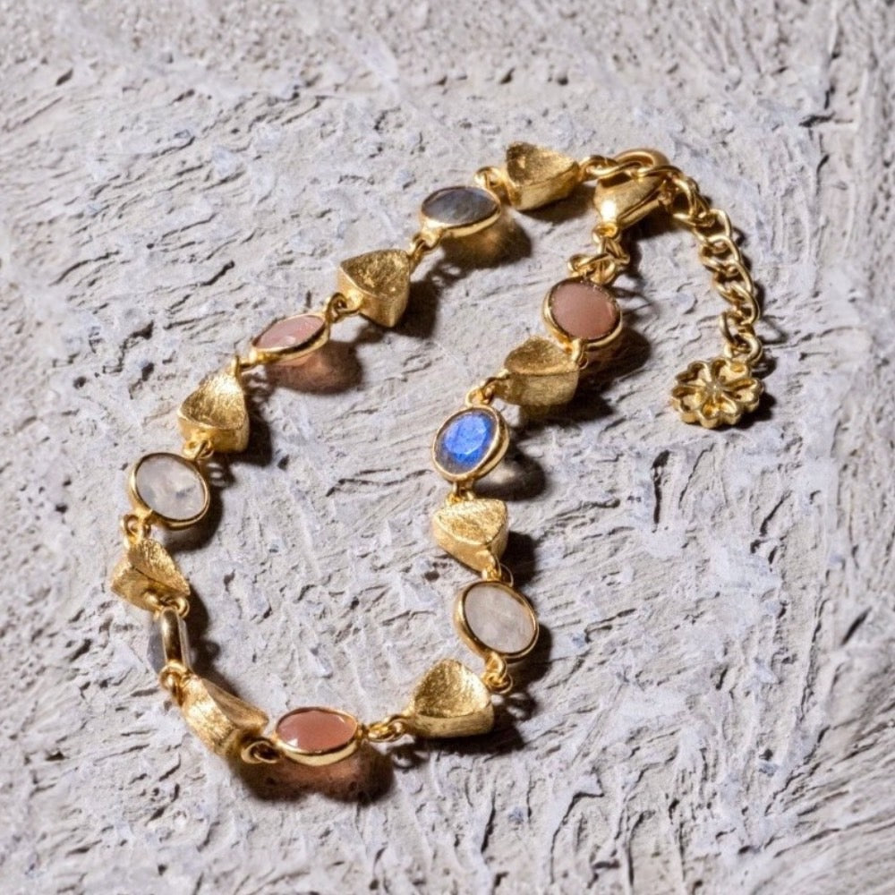 Gold Sara Mixed Gemstone Bracelet: Peach Moonstone, Labradorite & Moonstone