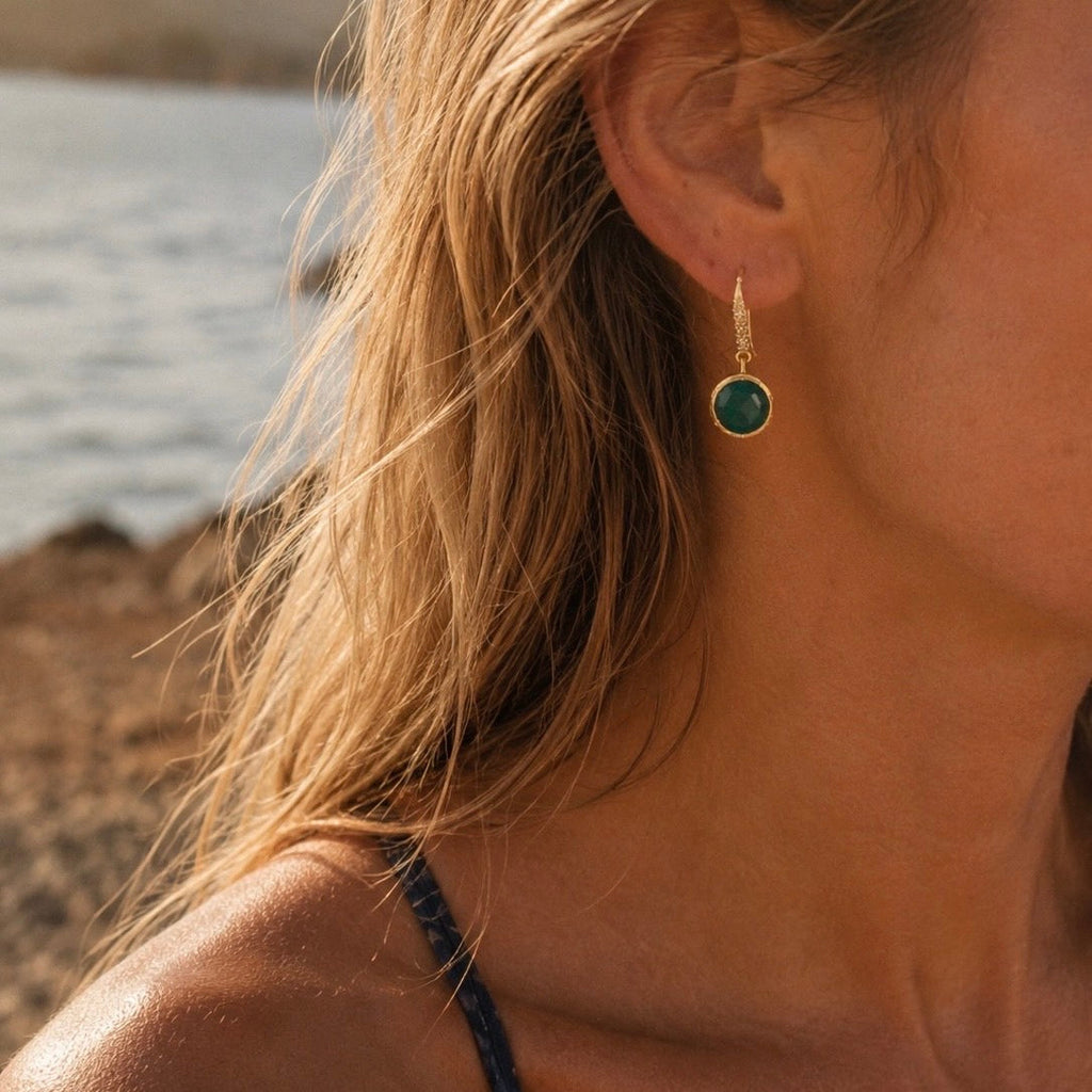 Charis Round Gemstone Earrings Black Onyx, Front CZ Hooks