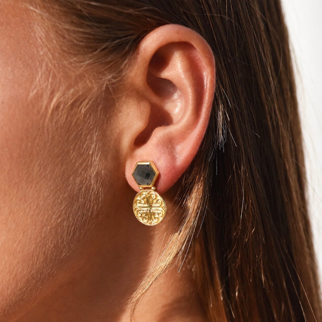 Thea Hexagon Gemstone Stud Earrings with Ornate Coins: Pyrite with Crystal